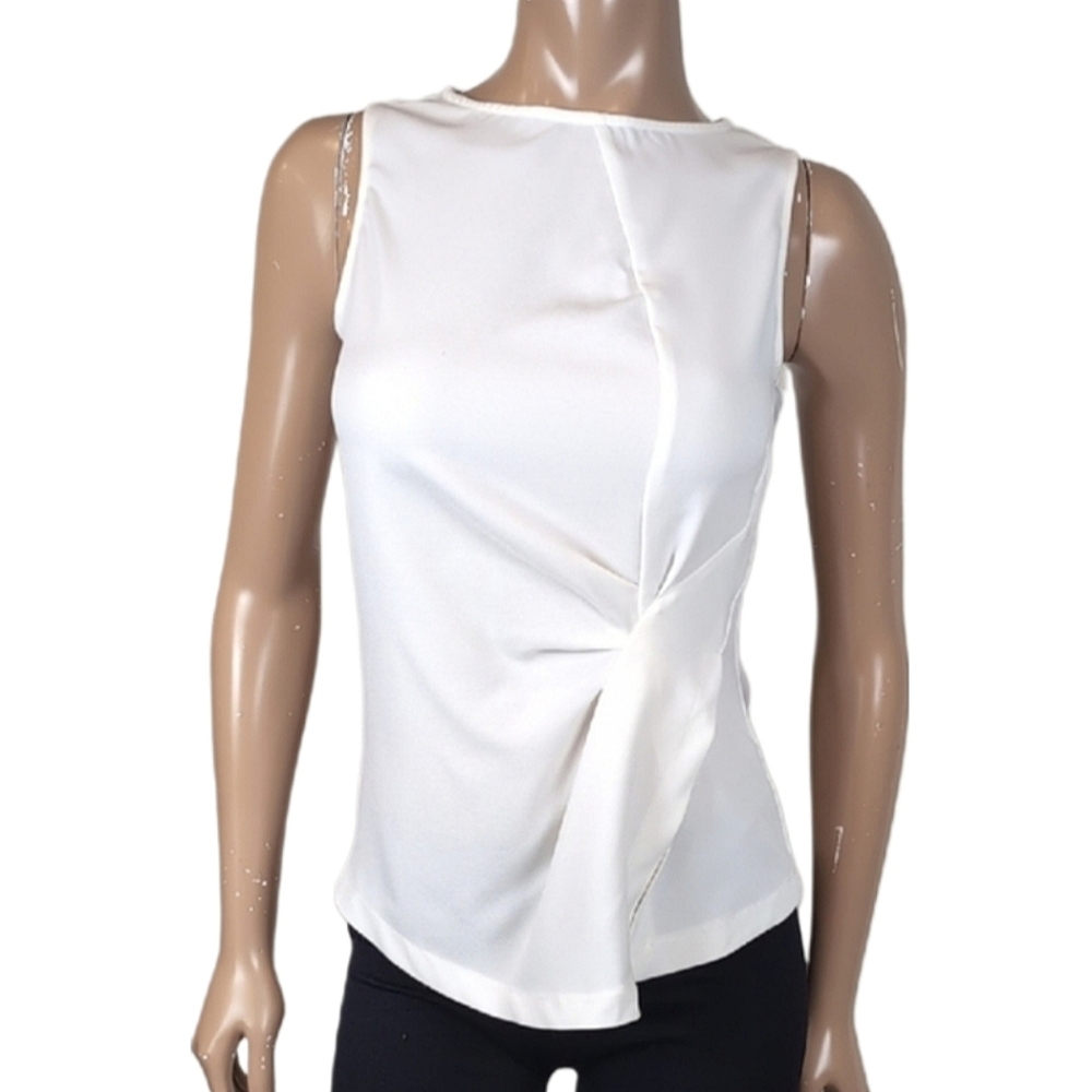 Suzy Shier Sleeveless Top Faux Wrap Gathered Asymmetric Ivory Blouse Size XS